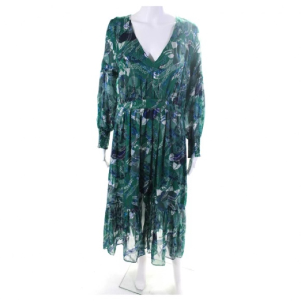 Ba&sh Long Sleeve Jasper Metallic Printed Midi Dress Green Silk Sz. 3
